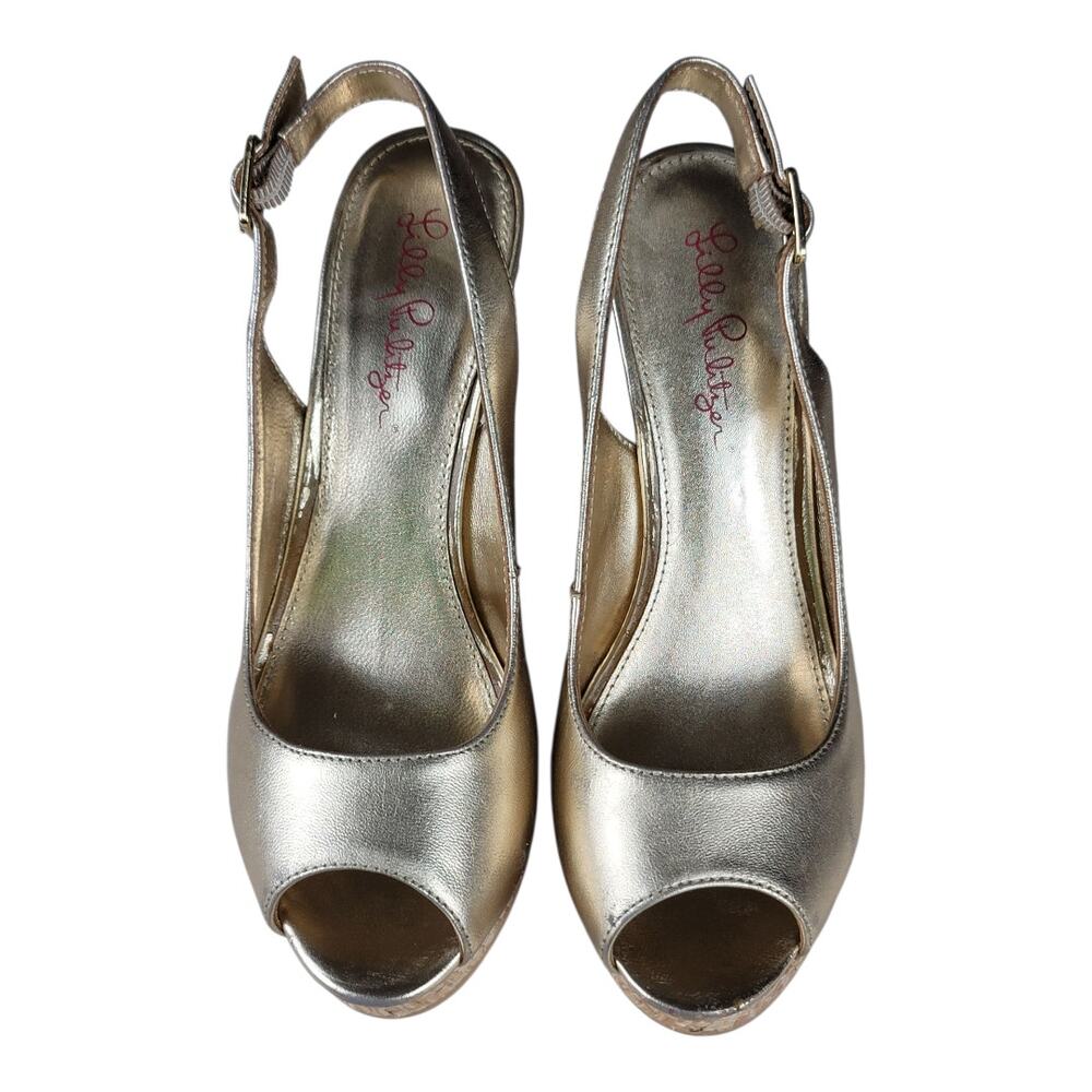 Lilly Pulitzer Kristen Gold Metallic Peep Toe Sling Back Wedge‎ Sandals Sz 7